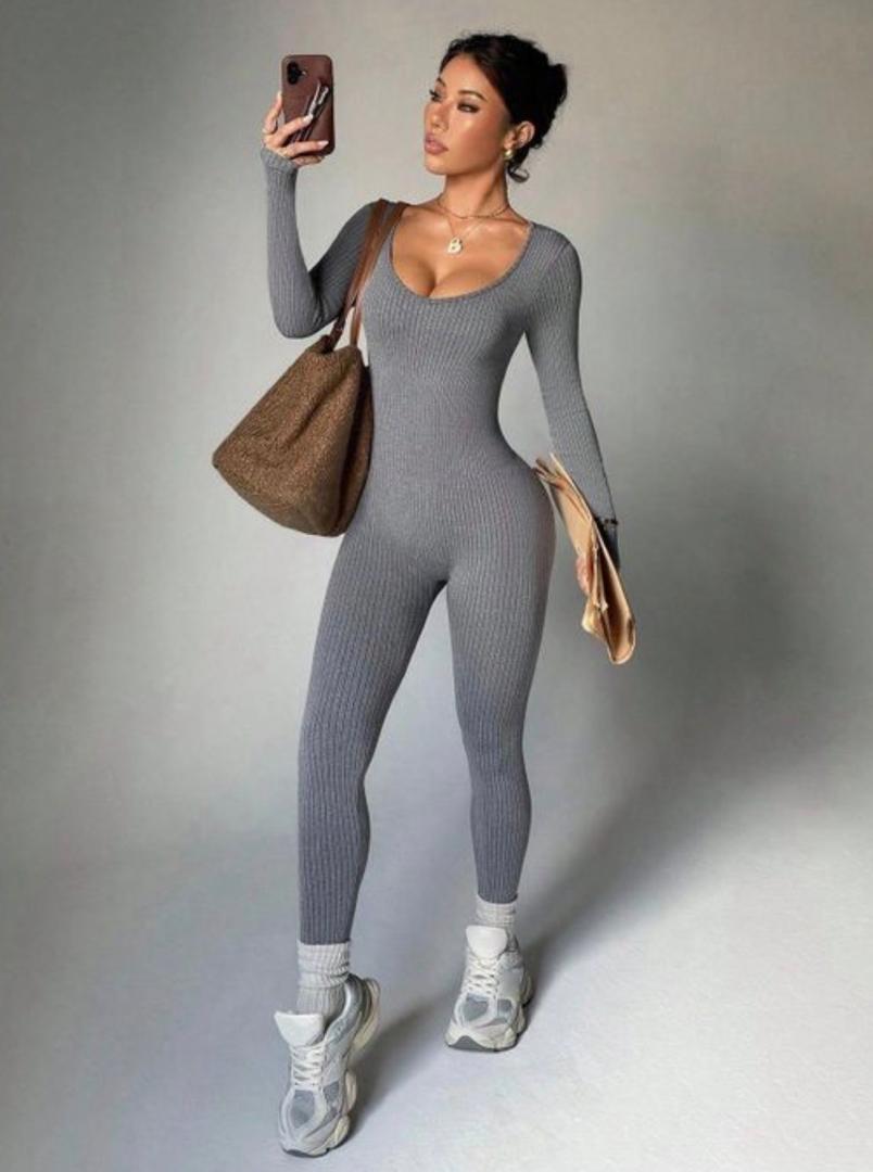Grey Long-Sleeve Jumpsuit