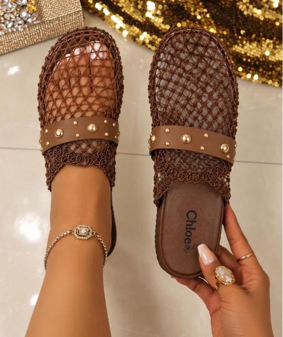 Brown Rhinestone Mesh Slides