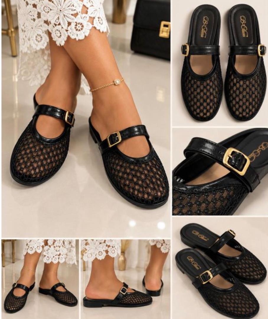 Black Buckle Mesh Mule Flats