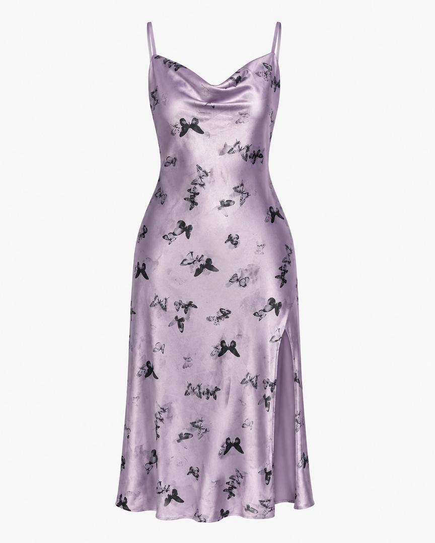 Lilac Butterfly Satin Midi Dress