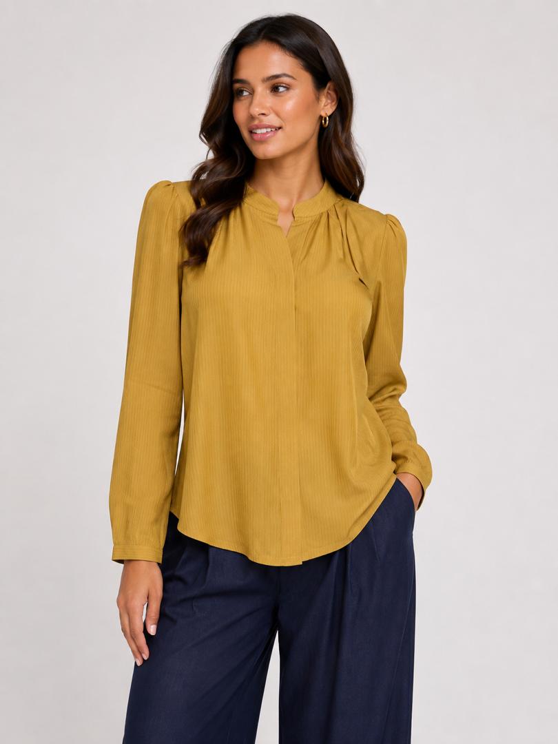 Mustard Pleated Long-Sleeve Blouse