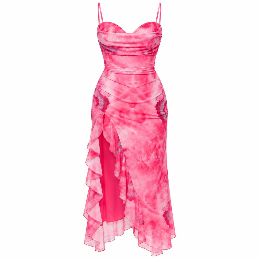 Pink Floral Satin Midi Dress
