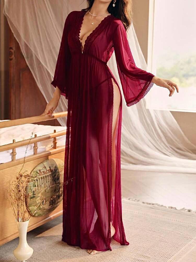 Burgundy Satin Kimono Trouser Set