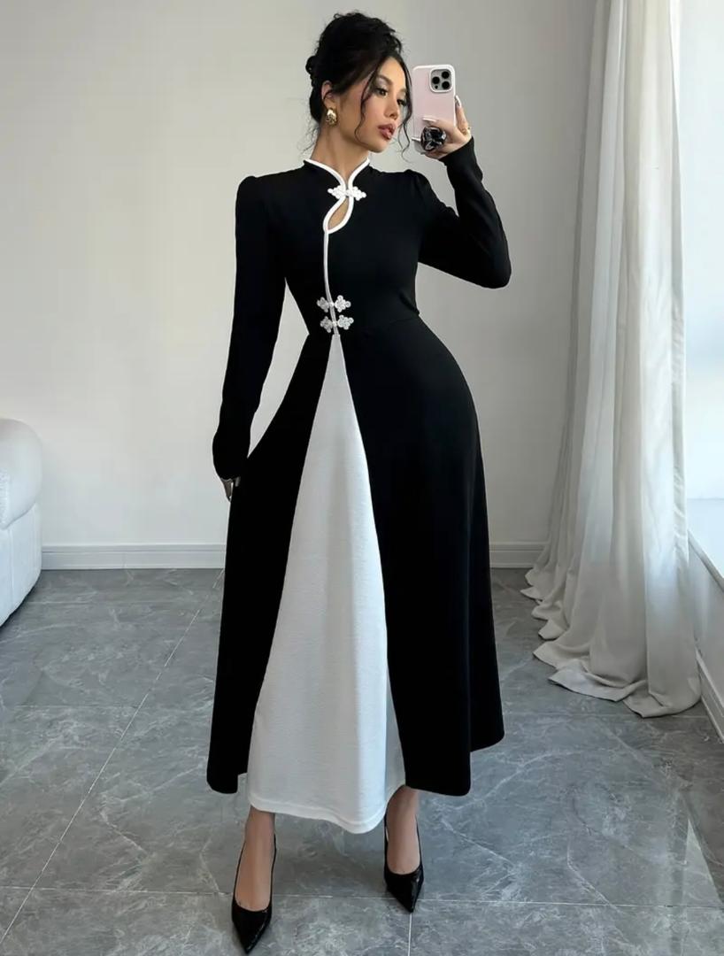 Black and White Contrast Midi Dress