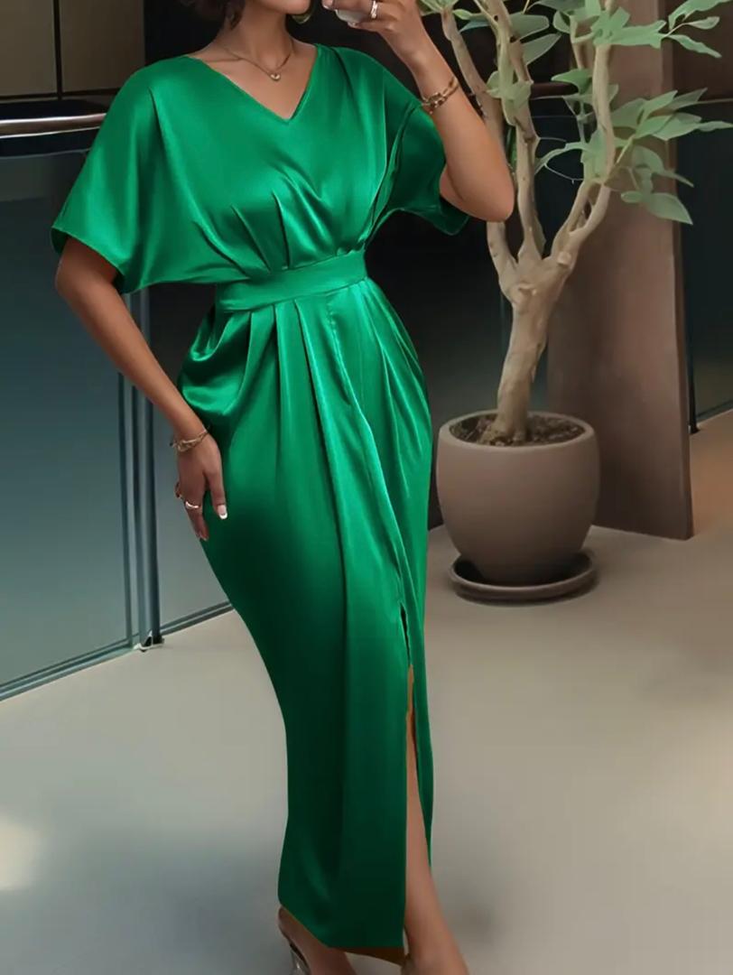 Emerald Satin Wrap Midi Dress