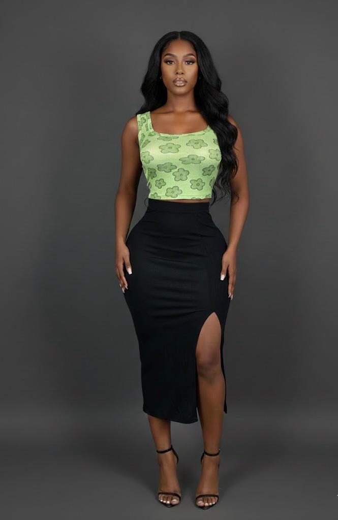Green Floral Tank and Black Skirt Outfit