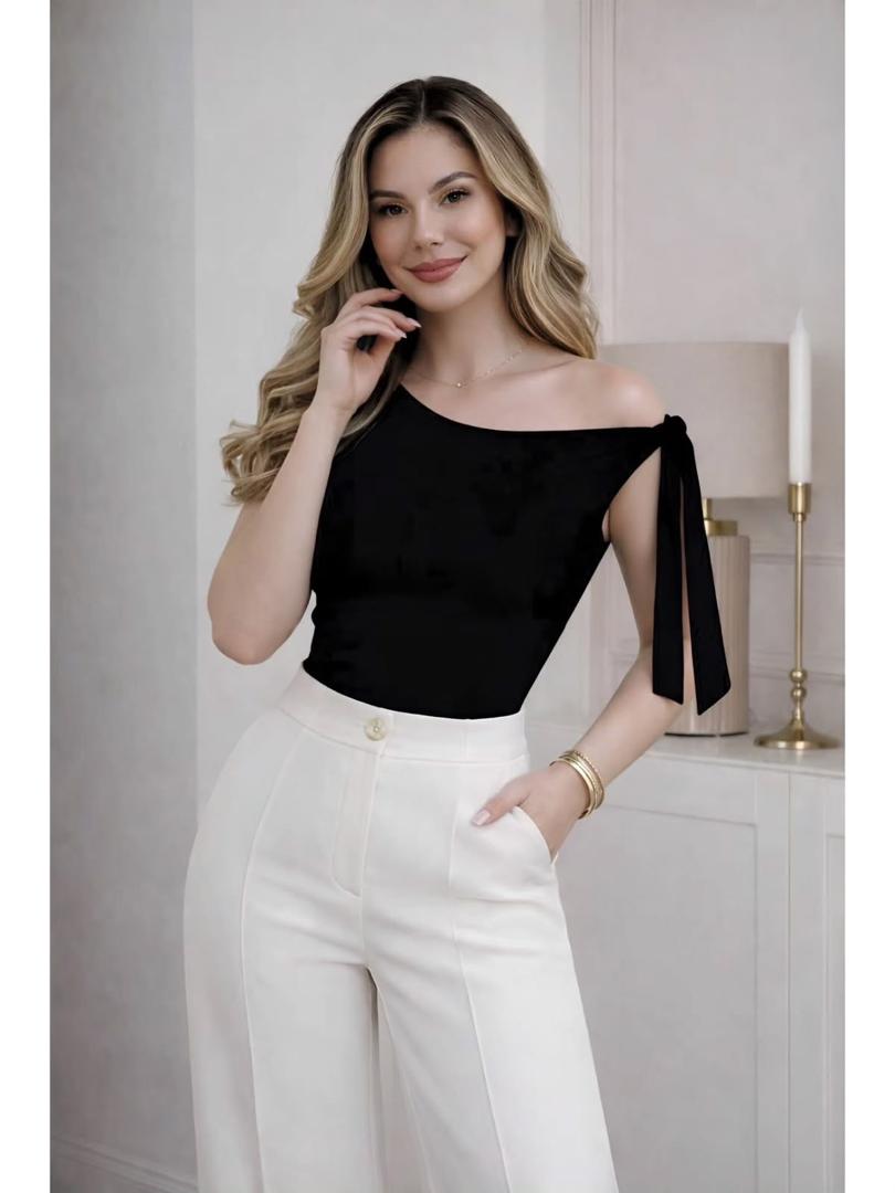 Black One-Shoulder Top and White Trouser Set