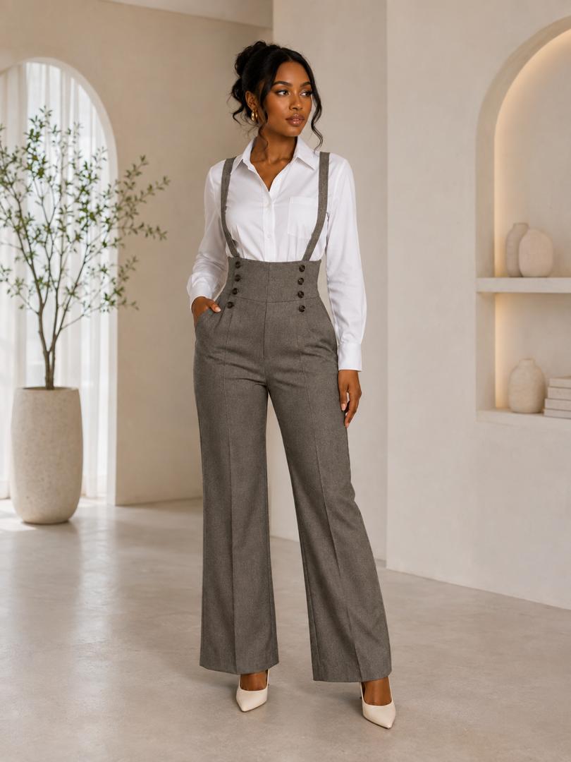 Grey Suspender Wide-Leg Trouser Set