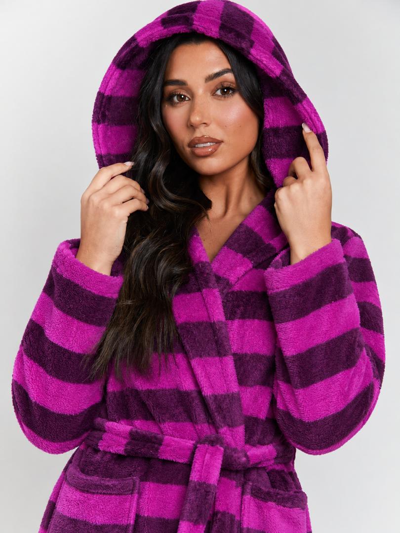 Purple Striped Plush Hooded Robe