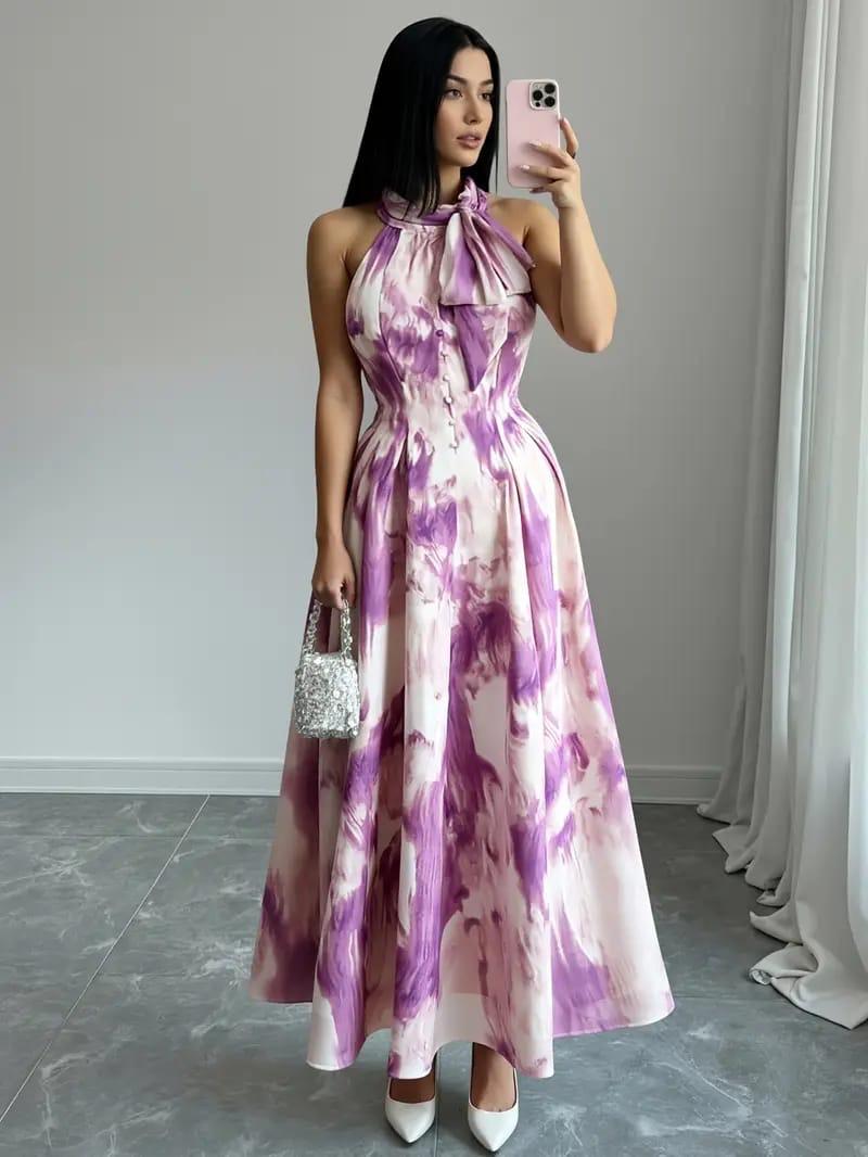 Purple Watercolor Halter Dress