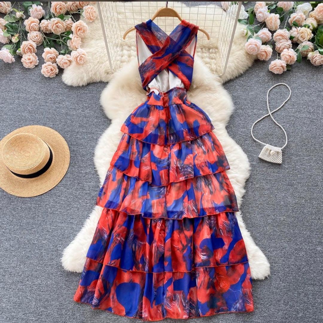 Red and Blue Tiered Gown