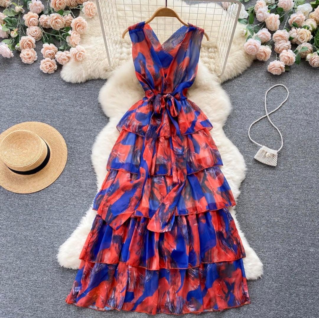 Red and Blue Tiered Gown