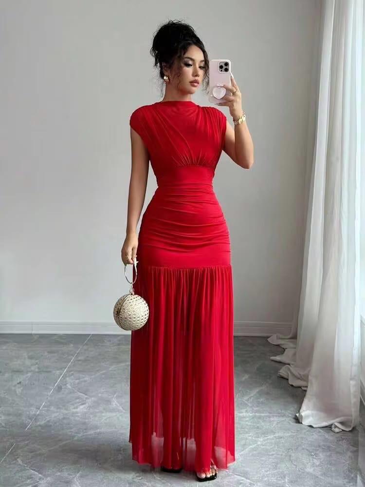 Red Ruched Maxi Dress