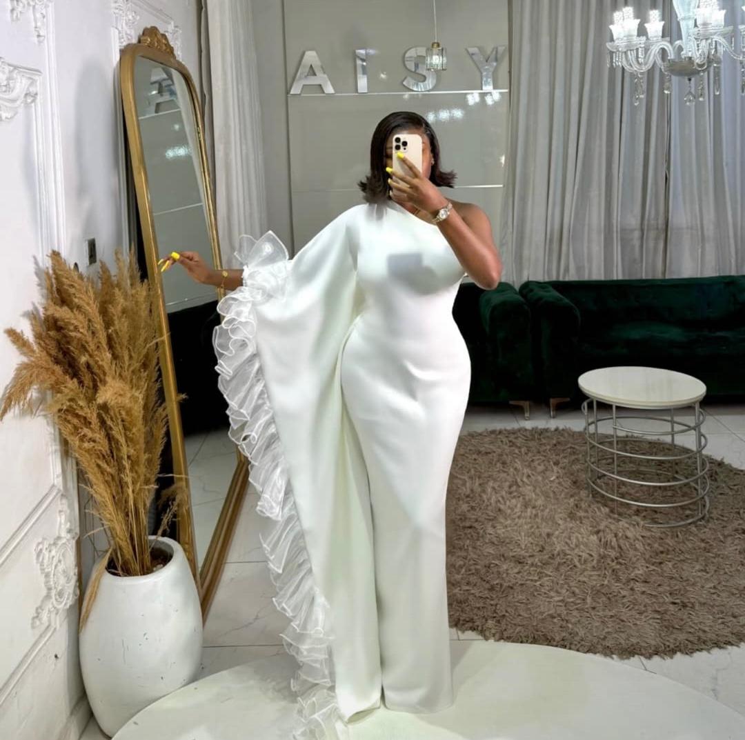 White One Shoulder Ruffle Gown