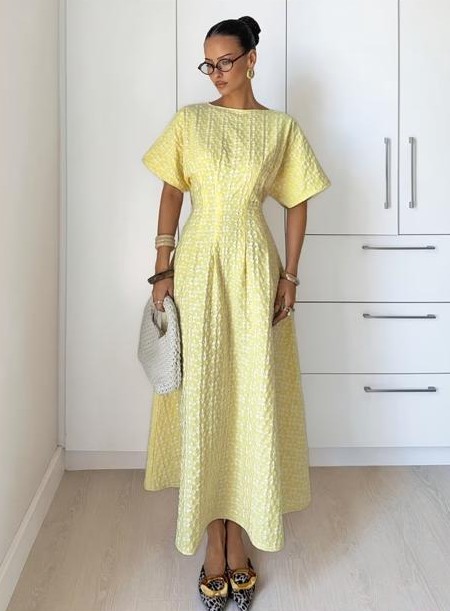Yellow Brocade Midi Dress