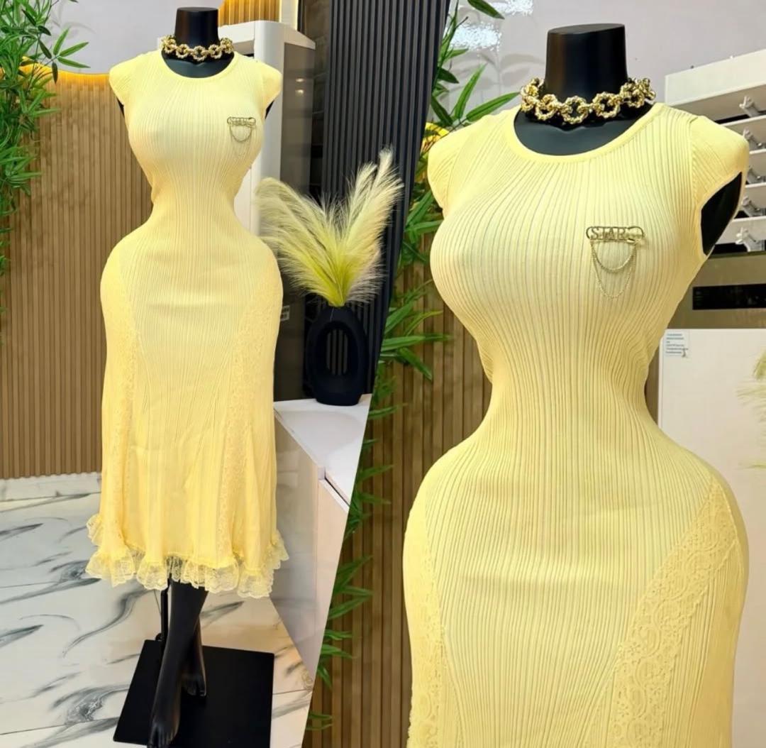 Yellow Ribbed Lace Dress
